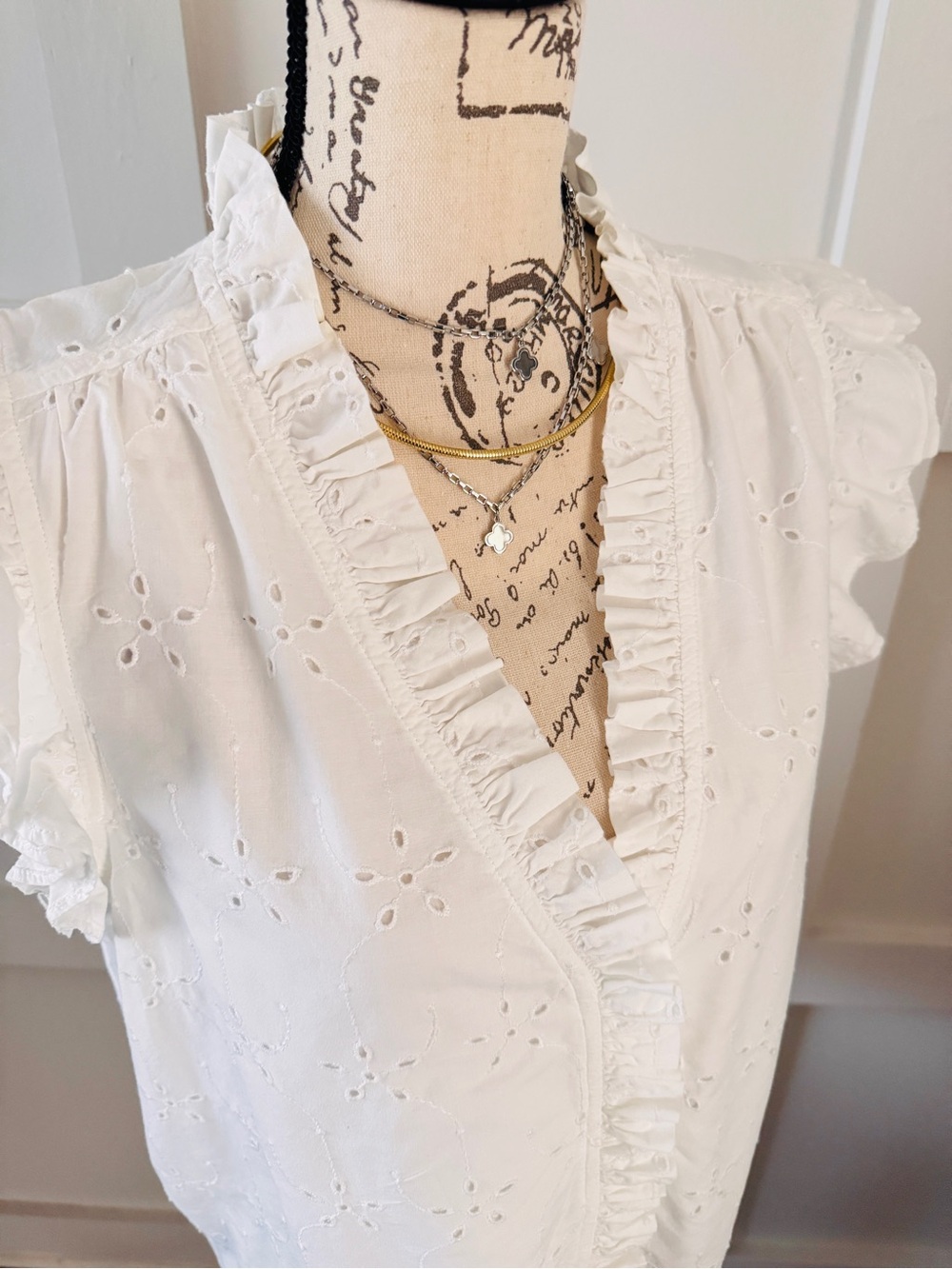 J. Crew White Eyelet Ruffle V-Neck Blouse